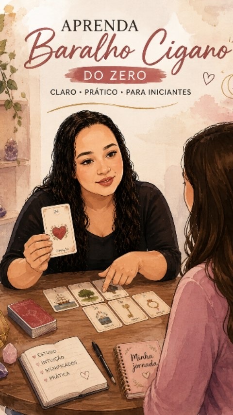 Ilustração da Mica ensinando Baralho Cigano a uma aluna, com cartas abertas sobre a mesa e um caderno escrito Minha jornada