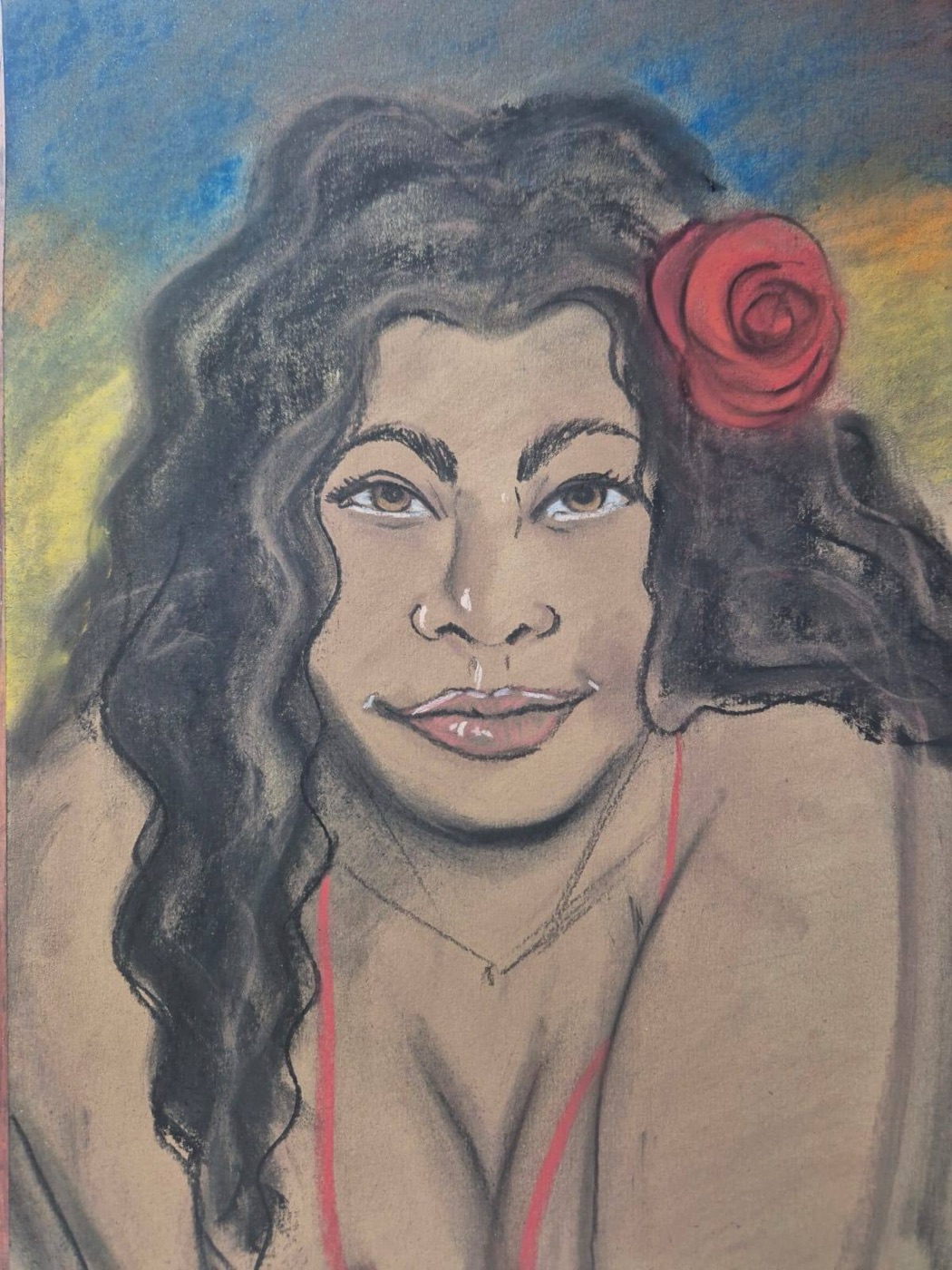Pictografia em pastel de Maria Mulambo, mentora da Mica: mulher de cabelos longos e ondulados, com uma rosa vermelha no cabelo